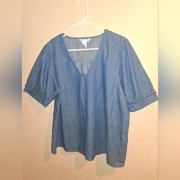 Draper James V-Neck Top in Chambray Puff Sleeve Blue XL - Picture 3 of 9